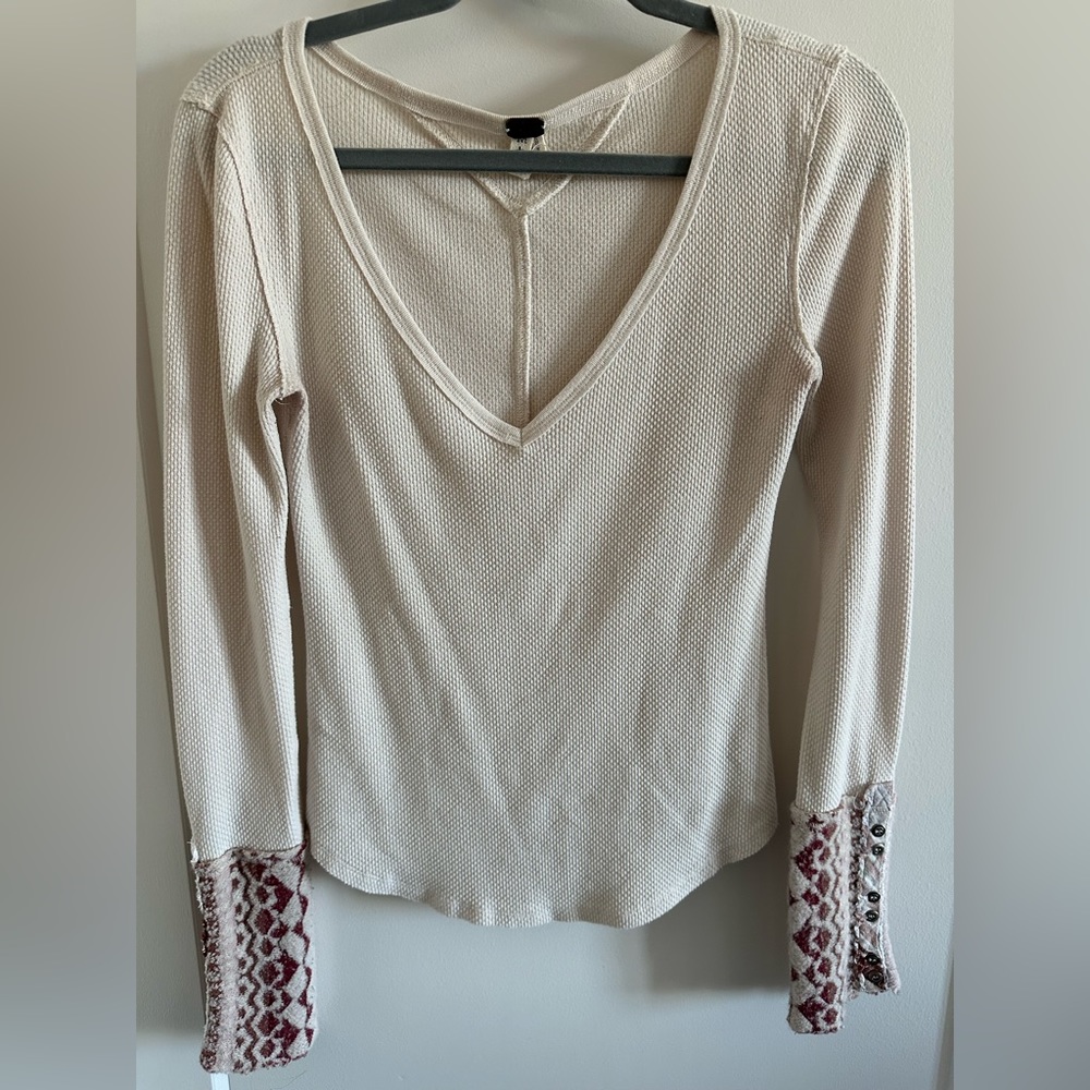 COPY - Free people, long, sleeve waffle V-neck, pale pink color, plaid detailed…